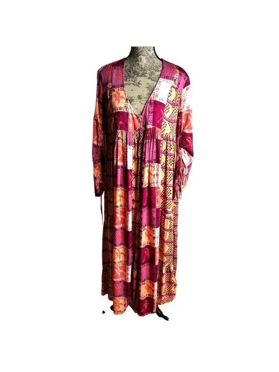 FREE PEOPLE Ibiza Getaway Patchwork Sunset Maxi Duster Kimono XS NWT Festival - Picture 3 of 13